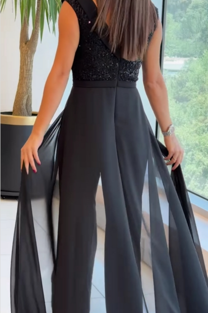 Kristen – Sequin Bodice Jumpsuit with Chiffon Overlay
