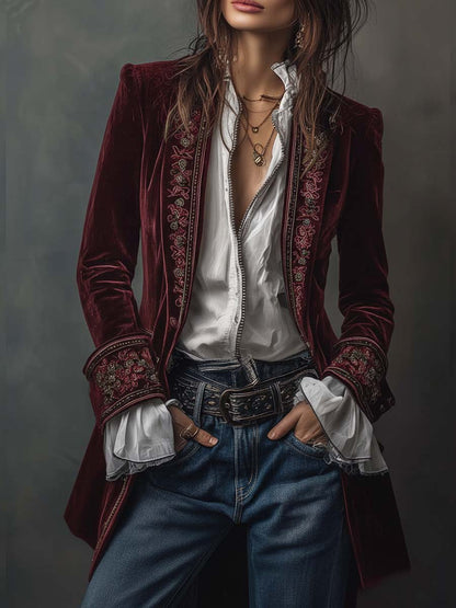 Rosemary – Embroidered Velvet-Look Long Jacket