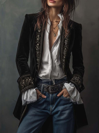 Rosemary – Embroidered Velvet-Look Long Jacket