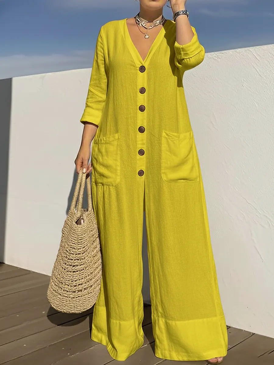 Kari – Wide Leg Button-Front Linen-Look Jumpsuit