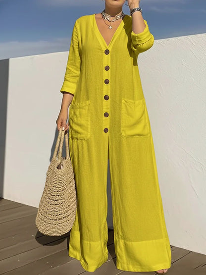 Kari – Wide Leg Button-Front Linen-Look Jumpsuit