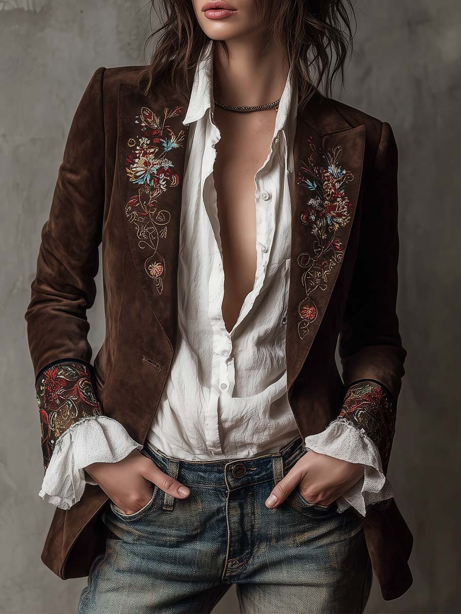 Donna – Embroidered Suede-Look Tailored Blazer