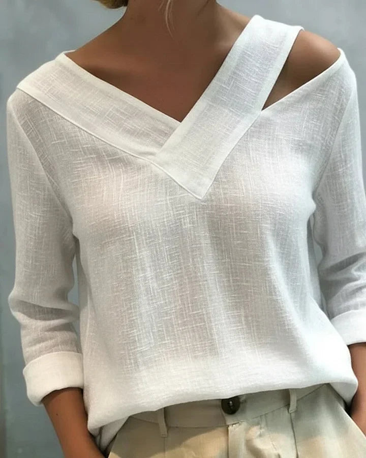 Kendra – Off-Shoulder V-Neck Linen-Look Top