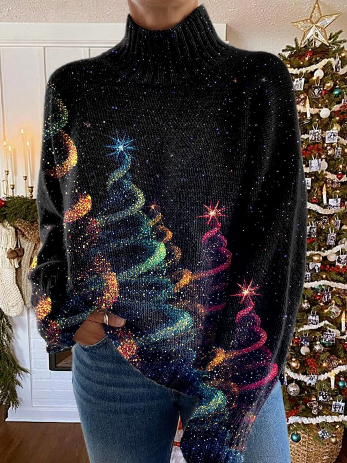Danielle – Glitter Christmas Tree Turtleneck Sweater