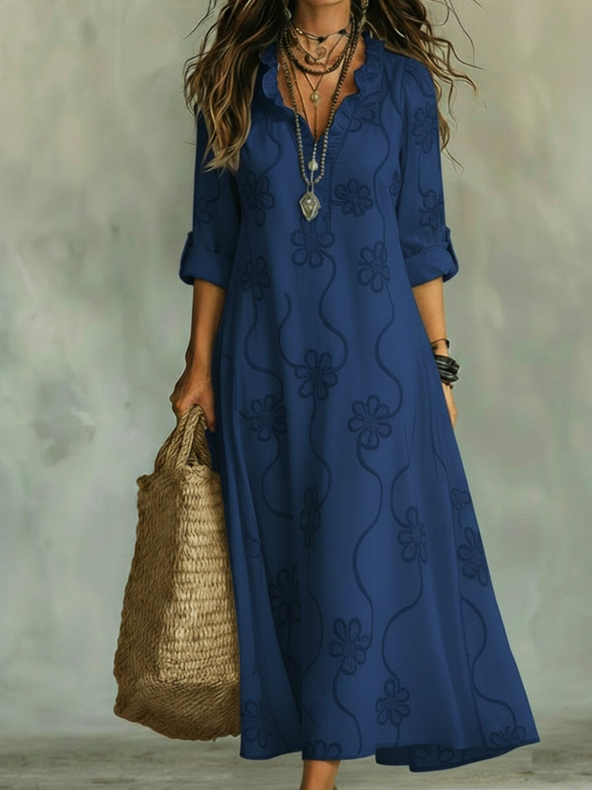 Rosemary – Embroidered Ruffle Neck Maxi Dress