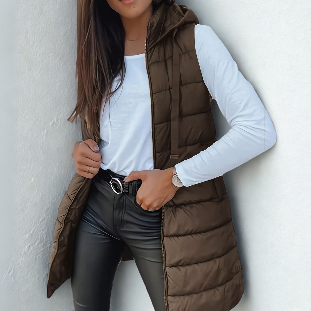 Winifred – Long Hooded Sleeveless Puffer Vest