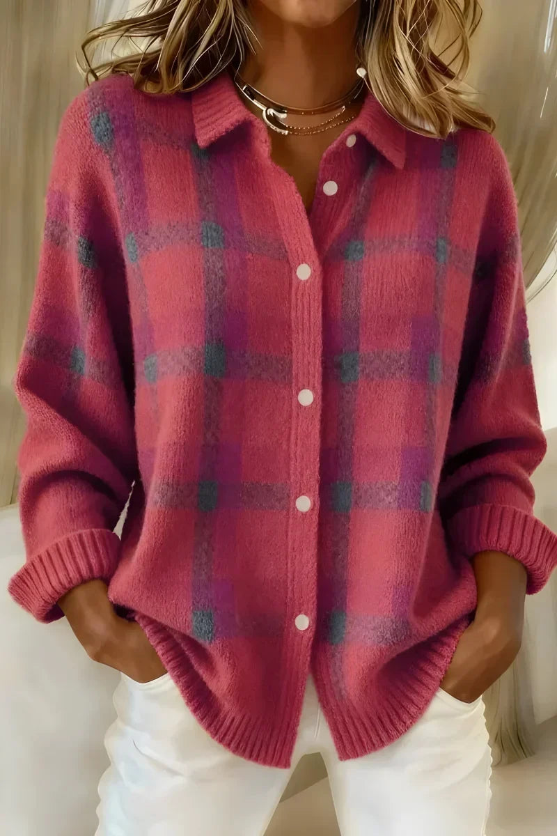 Karen – Classic Collared Plaid Knit Cardigan