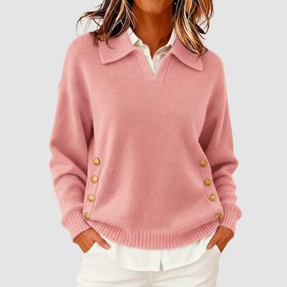 Bonnie – Collared Knit Sweater with Gold Buttons
