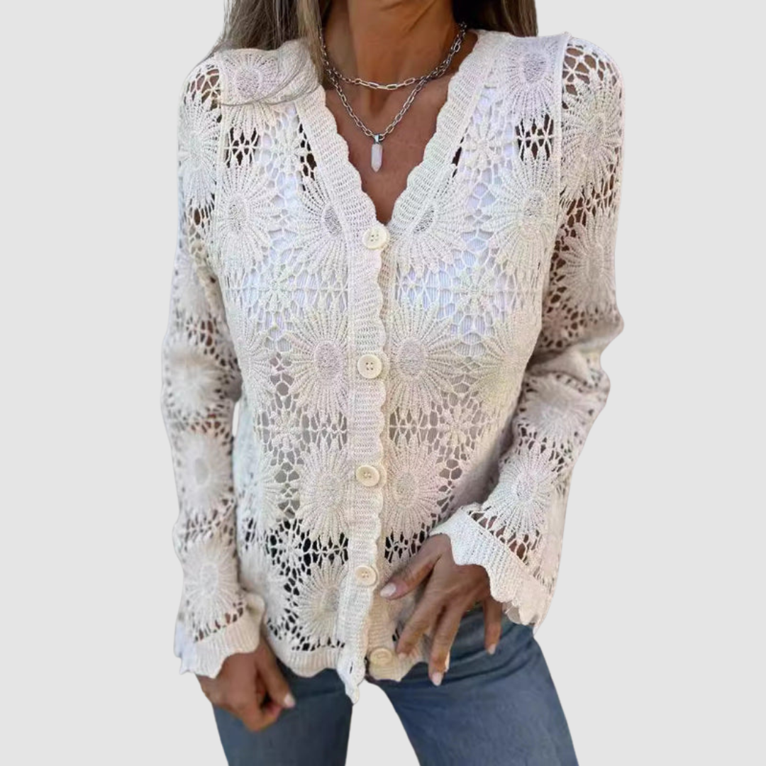 Sara – Crochet Lace Button-Up Cardigan