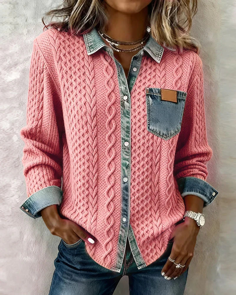 Dorene – Cable Knit Denim Patchwork Shirt