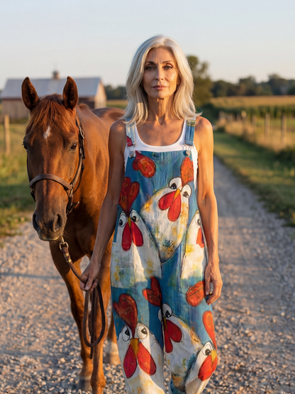Natalie | Rooster-Print Overalls
