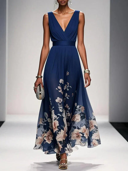 Alina | Light Blue Floral Chiffon V-Neck Maxi Dress