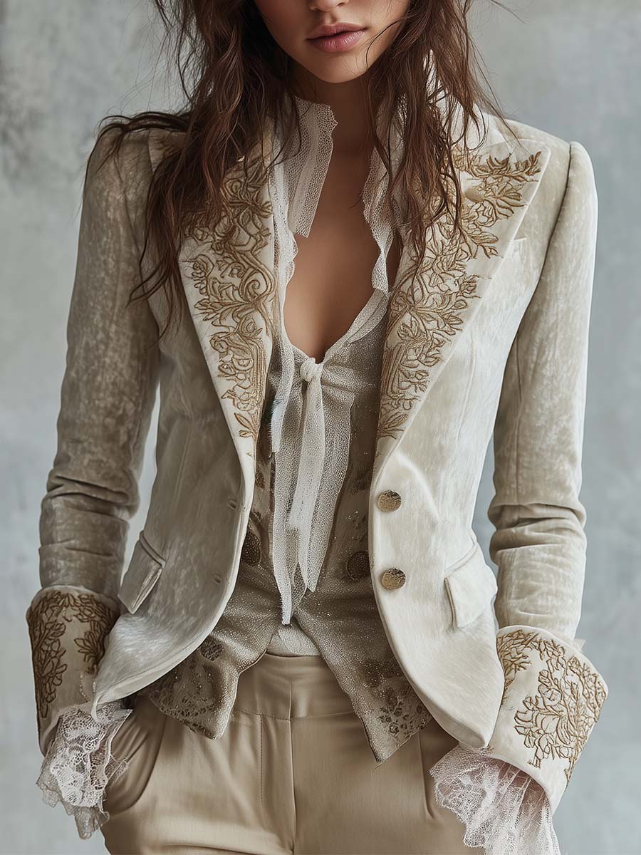 Camille – Embroidered Velvet-Look Blazer with Lace Cuffs