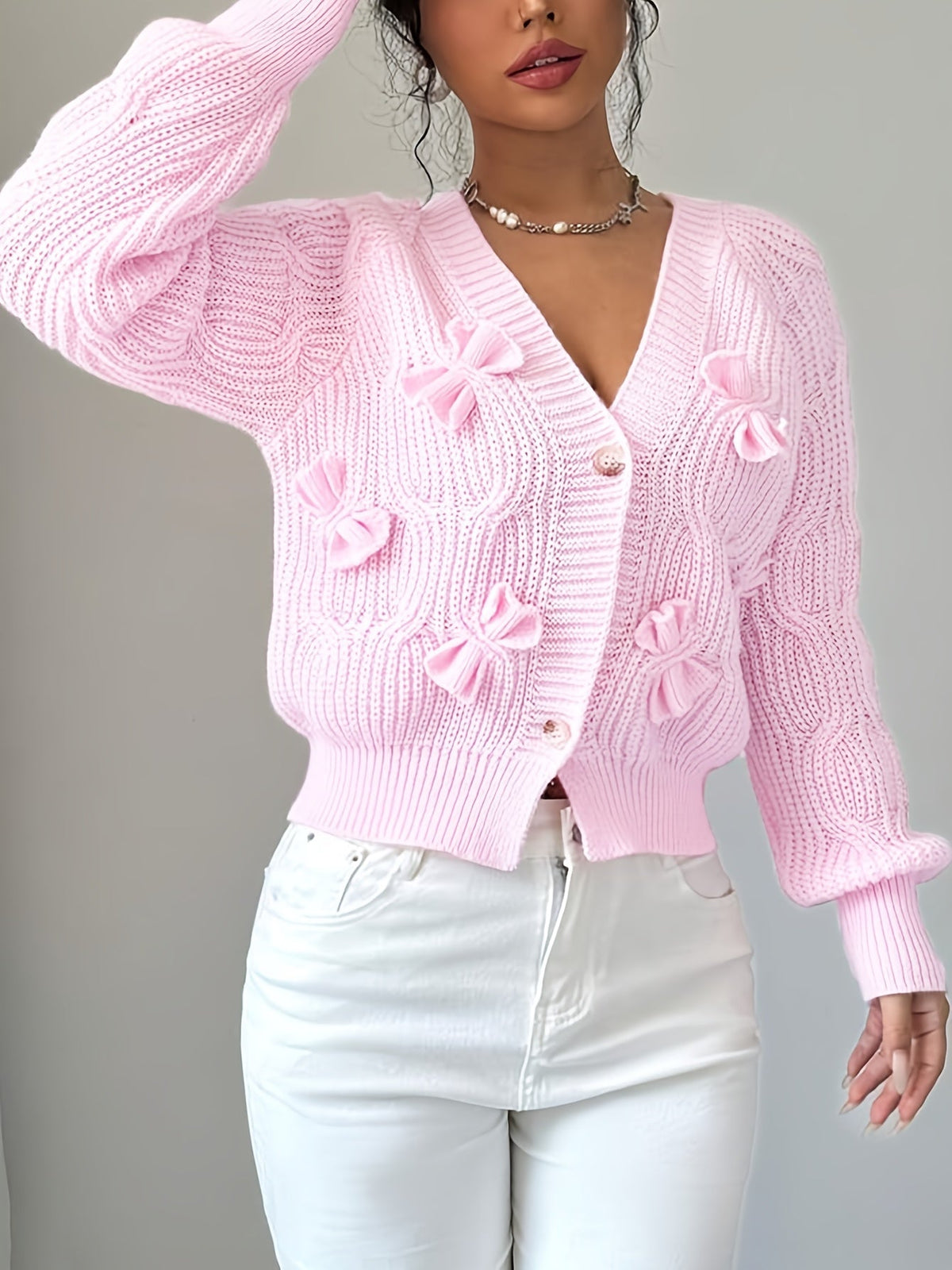 Elaine – Bow-Detail Cable-Knit Cardigan