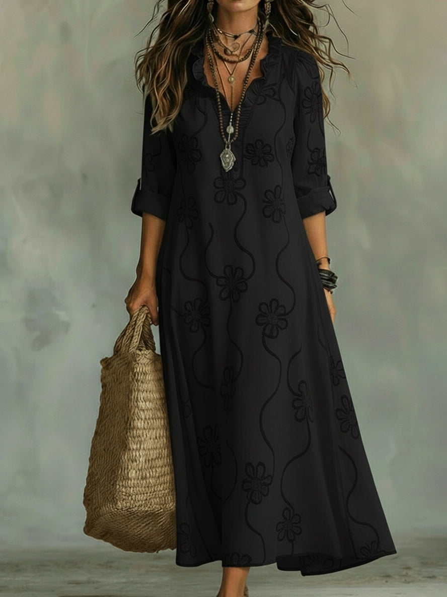 Rosemary – Embroidered Ruffle Neck Maxi Dress