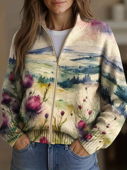 Evangeline – Watercolor Landscape Zip Cardigan