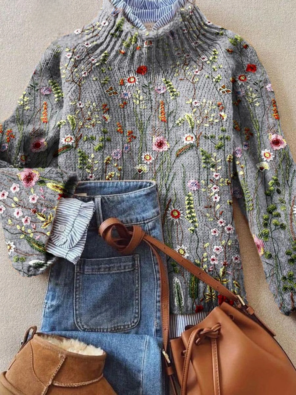 Olena | Vintage Lovely Floral Art Print Knit Turtleneck Pullover Sweater