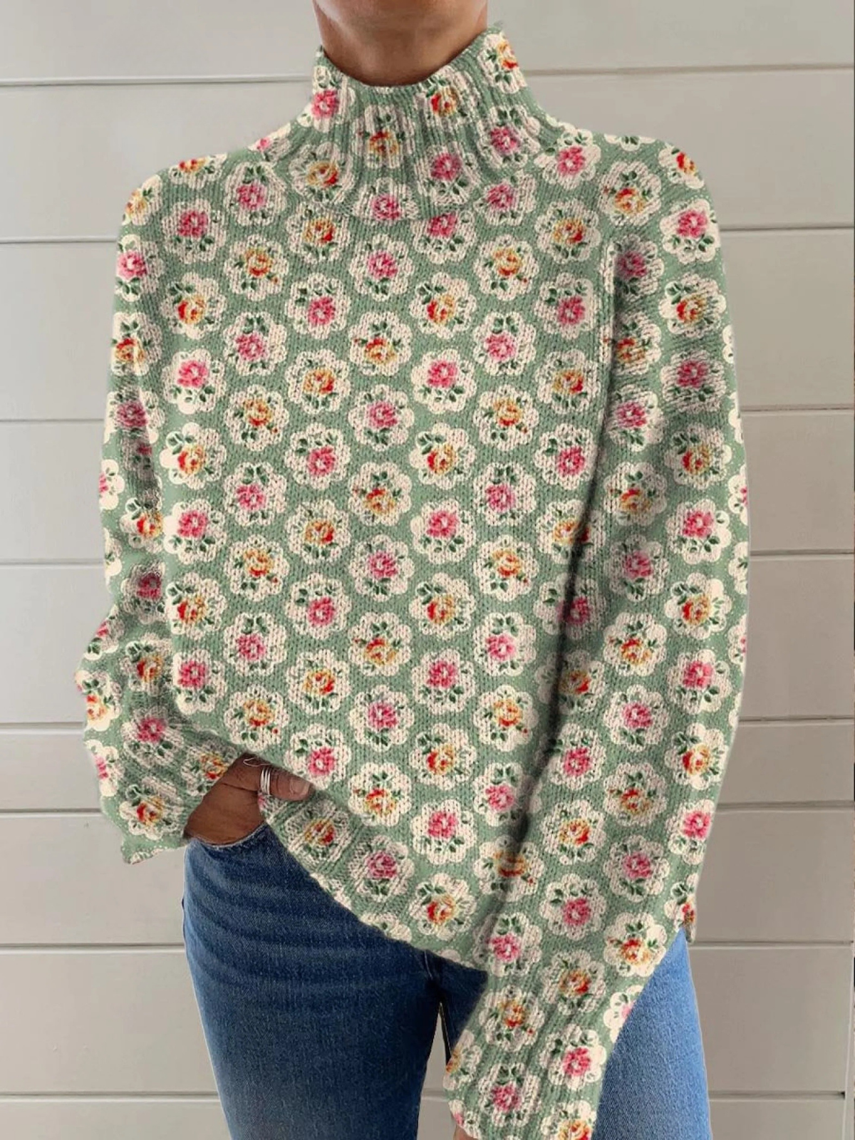 Shannon – Floral Knit Mock Neck Sweater