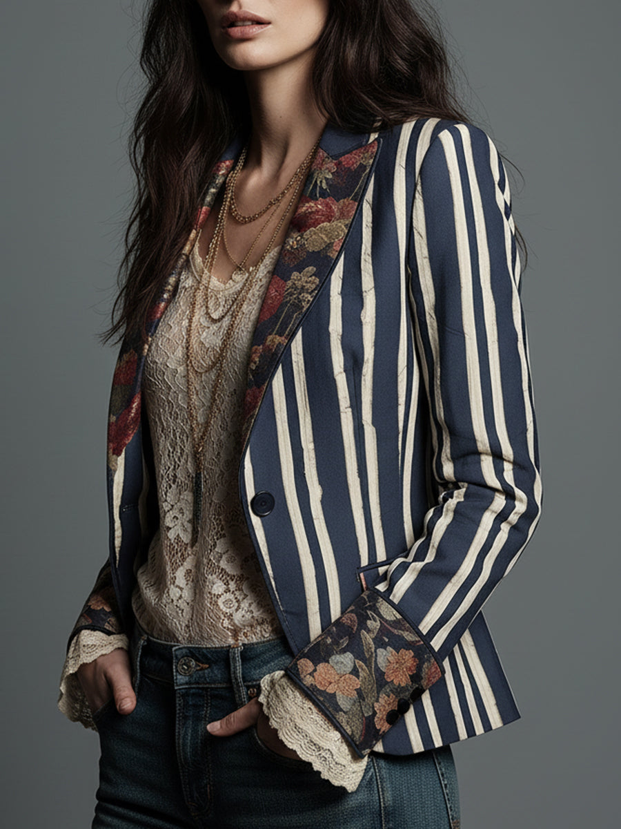 Jill – Striped Blazer with Floral Panel Detail