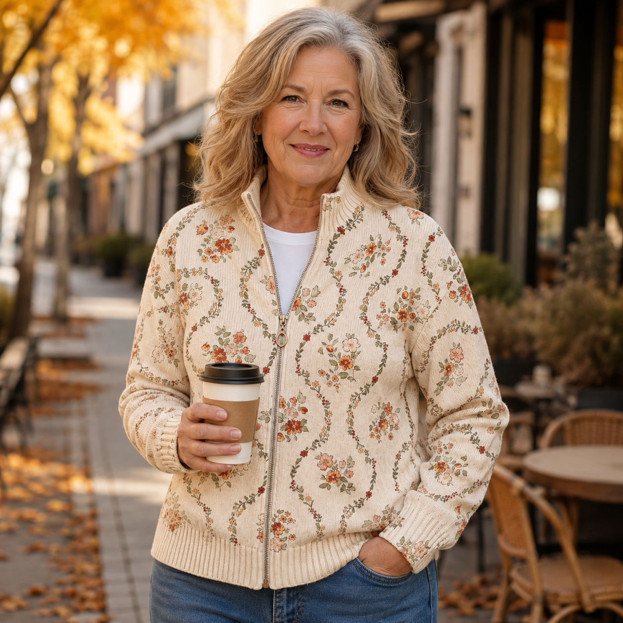 Carol – Floral Vine Zip-Up Knit Jacket