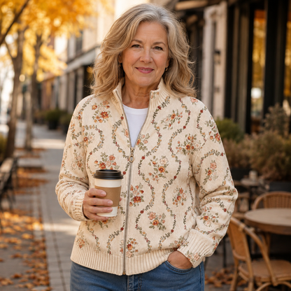 Carol – Floral Vine Zip-Up Knit Jacket