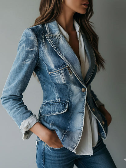 Sarah – Tailored Washed Denim Blazer Jacket