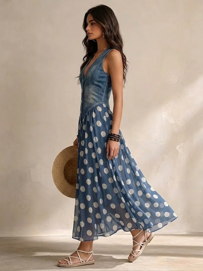 Lynn – Denim Bodice Polka Dot Midi Dress