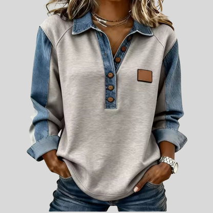 Jane – Two-Tone Denim-Look Collared Sweatshirt
