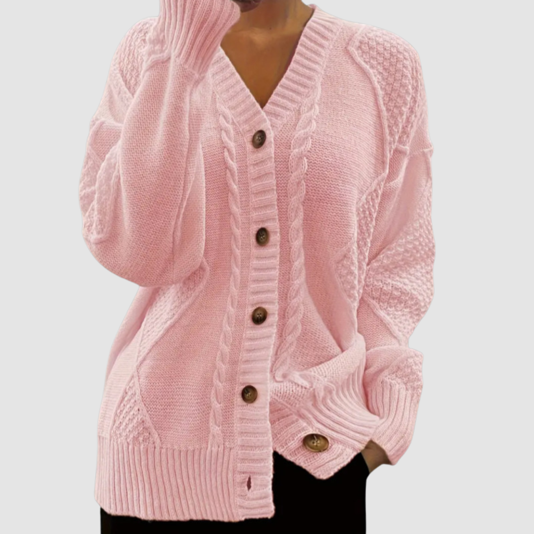 Rena – Cable-Knit Button-Front Cardigan