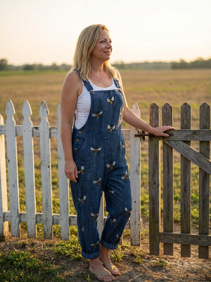 Lilian | Bee-Print Denim Overalls