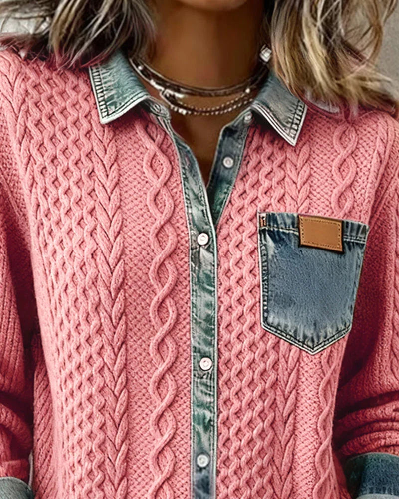 Dorene – Cable Knit Denim Patchwork Shirt