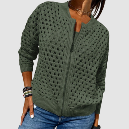 Marla – Hollow-Knit Zip-Up Cardigan