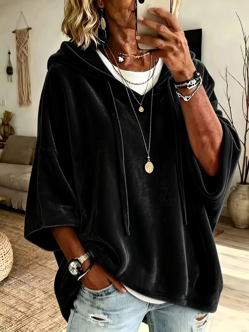 Zelma – Oversized Velvet-Look Hooded Pullover
