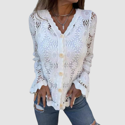 Sara – Crochet Lace Button-Up Cardigan