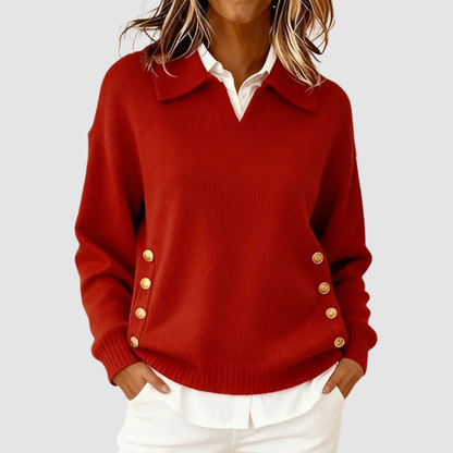Bonnie – Collared Knit Sweater with Gold Buttons