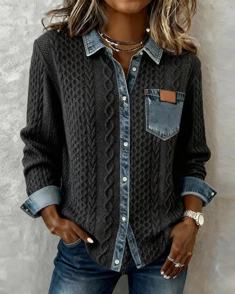 Dorene – Cable Knit Denim Patchwork Shirt