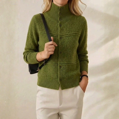 Jacqueline – Mock Neck Button-Up Knit Cardigan