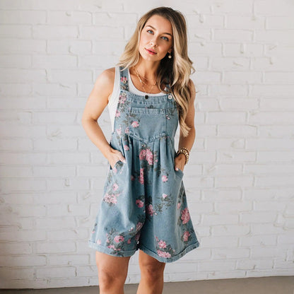 Jane – Floral Denim-Look Short Overalls