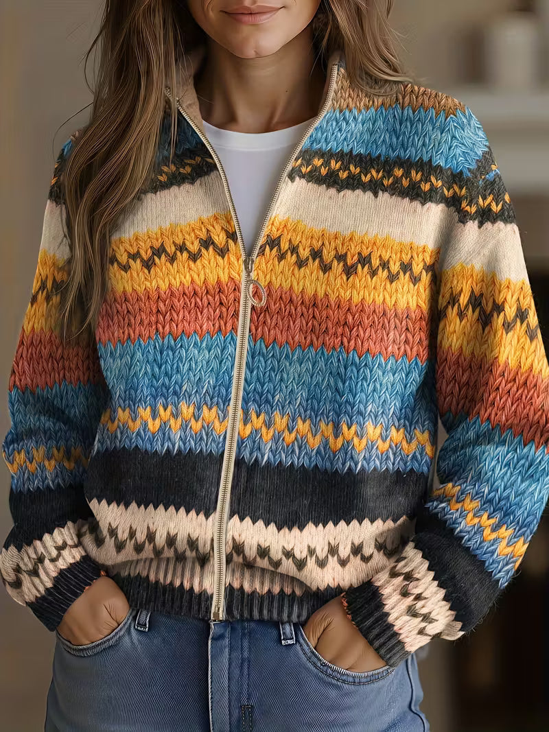 Gina – Striped Zip-Up Knit Cardigan