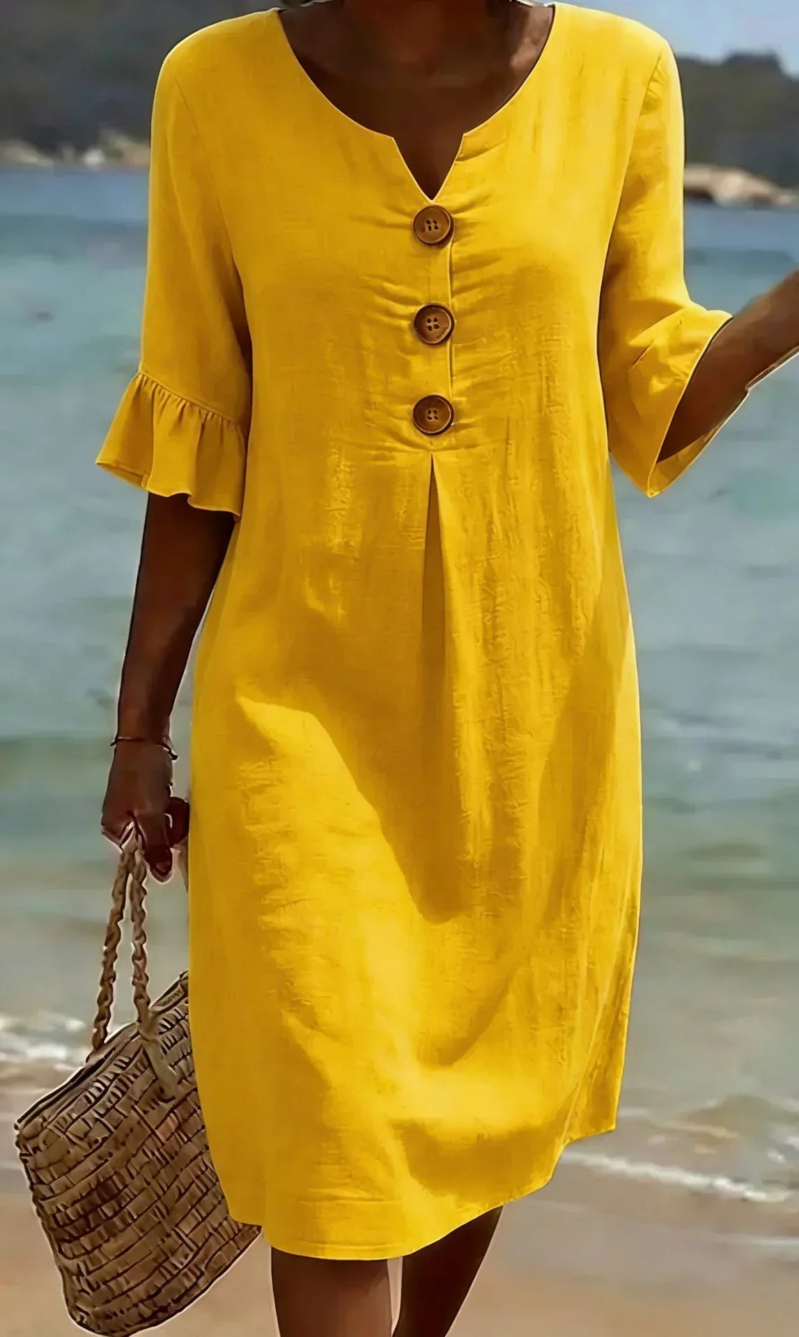 Delores – Relaxed Linen-Look Button Detail Dress