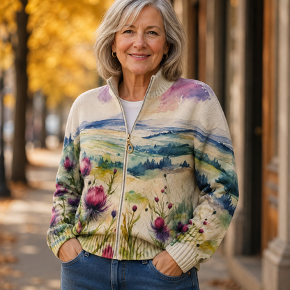 Evangeline – Watercolor Landscape Zip Cardigan