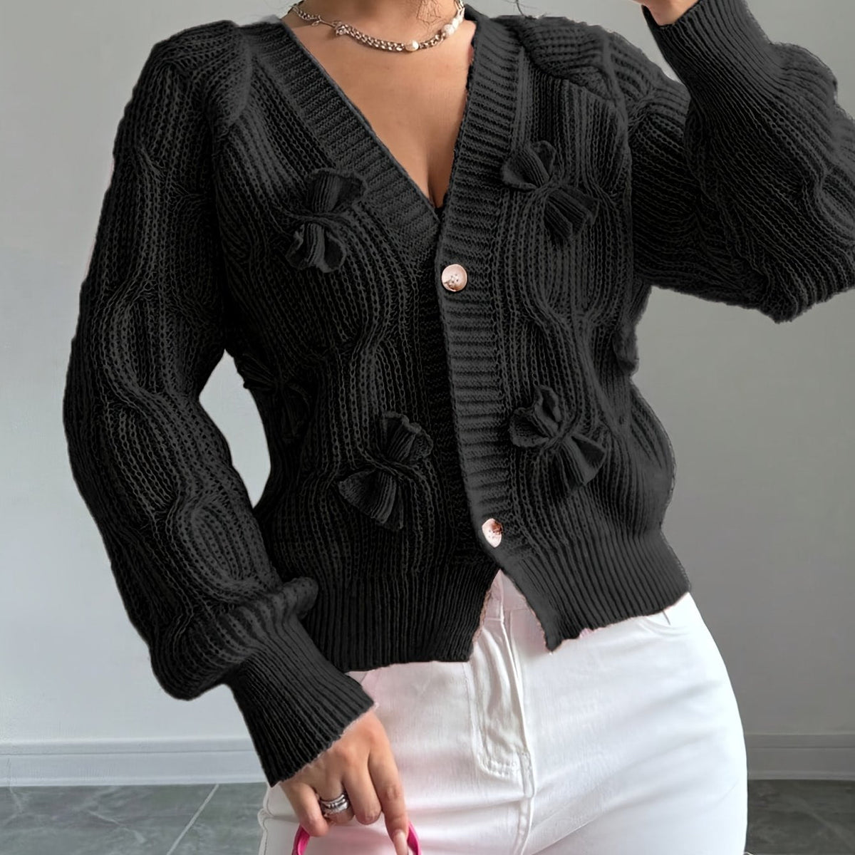 Elaine – Bow-Detail Cable-Knit Cardigan