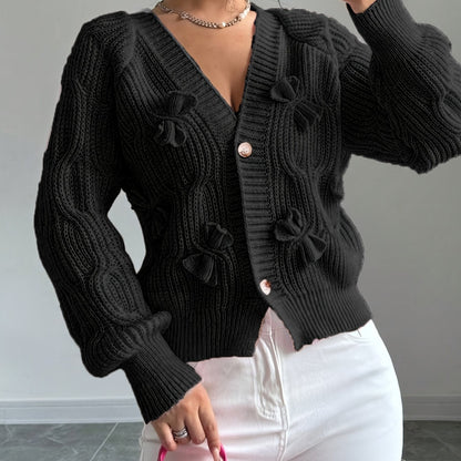 Elaine – Bow-Detail Cable-Knit Cardigan