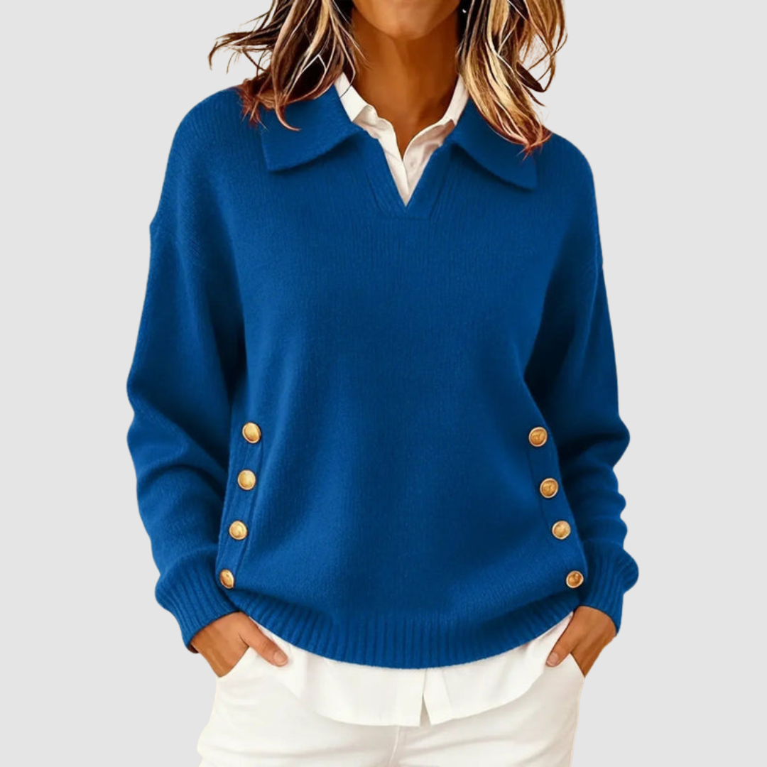 Bonnie – Collared Knit Sweater with Gold Buttons