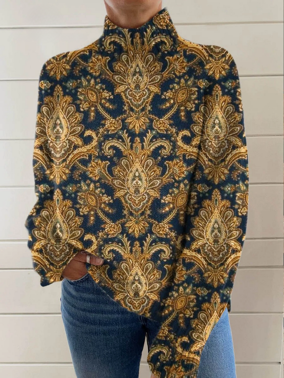 Maxine – Paisley Print Mock Neck Knit Top