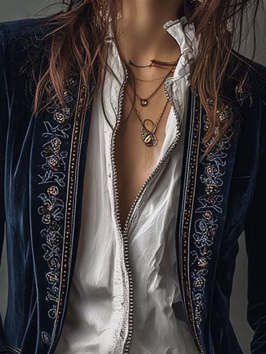 Rosemary – Embroidered Velvet-Look Long Jacket