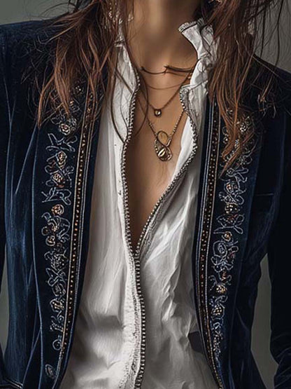 Rosemary – Embroidered Velvet-Look Long Jacket