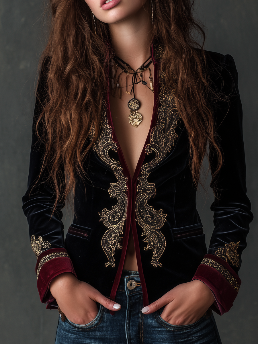Marcy – Baroque Embroidered Velvet-Look Blazer