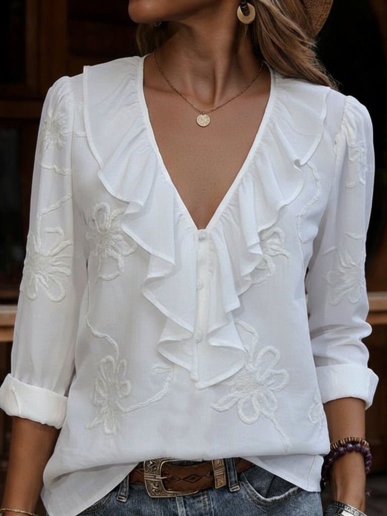 Kimberly – Ruffle V-Neck Embroidered Blouse