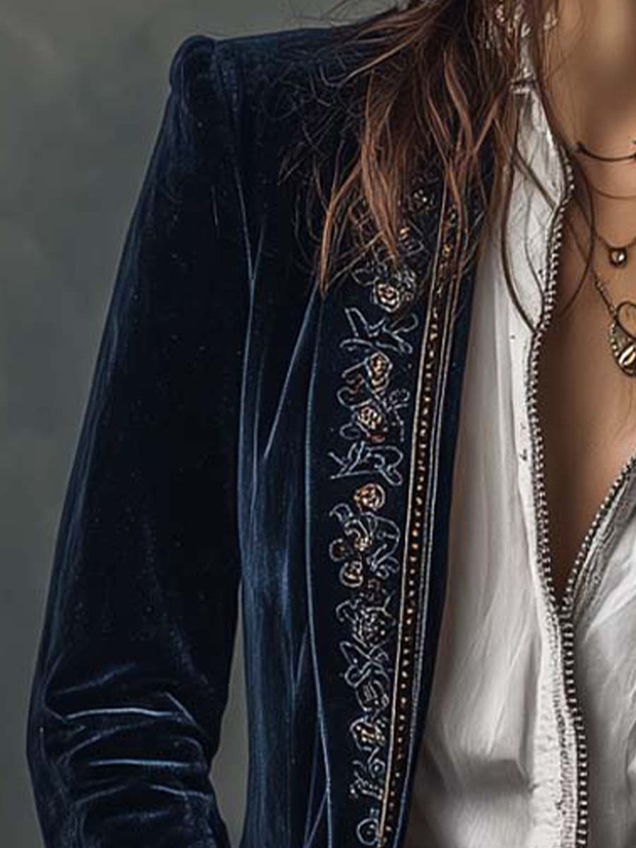 Rosemary – Embroidered Velvet-Look Long Jacket